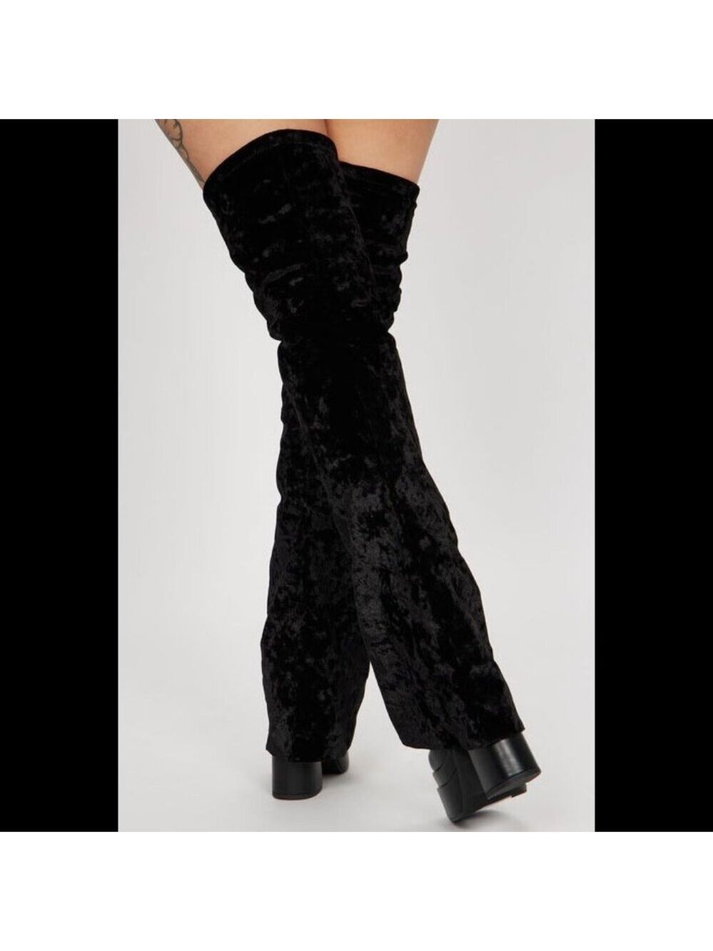 Unique Thigh High Black Velvet Fold over Skirted Chunky Heel Platform Boots - Picture 4 of 17